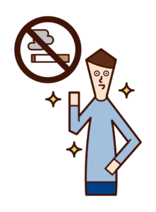 Cartoon man pointing to a no-smoking sign, suggesting quitting smoking or no smoking policy, with sparkles around him
