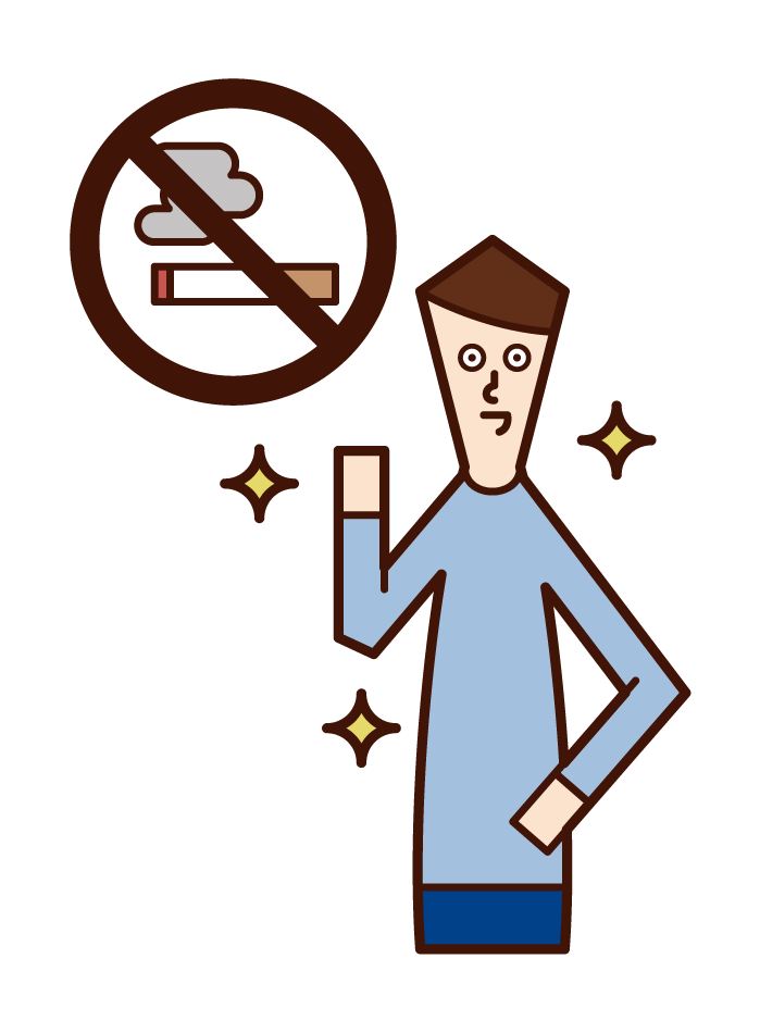 Cartoon man pointing to a no-smoking sign, suggesting quitting smoking or no smoking policy, with sparkles around him